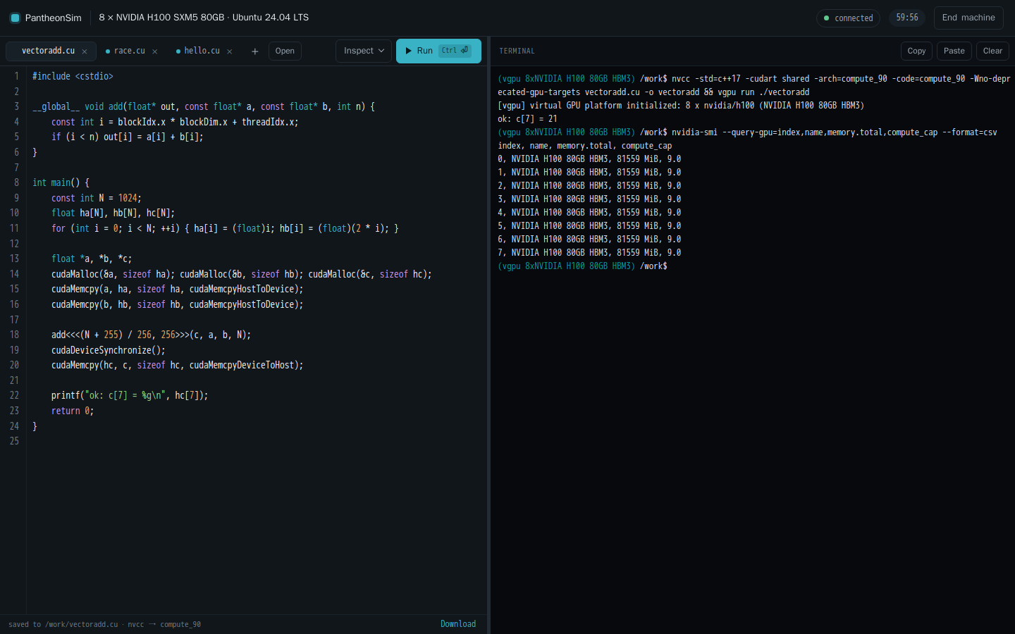 The PantheonSim playground: a CUDA editor beside a terminal that has just compiled and run a kernel on a simulated H100